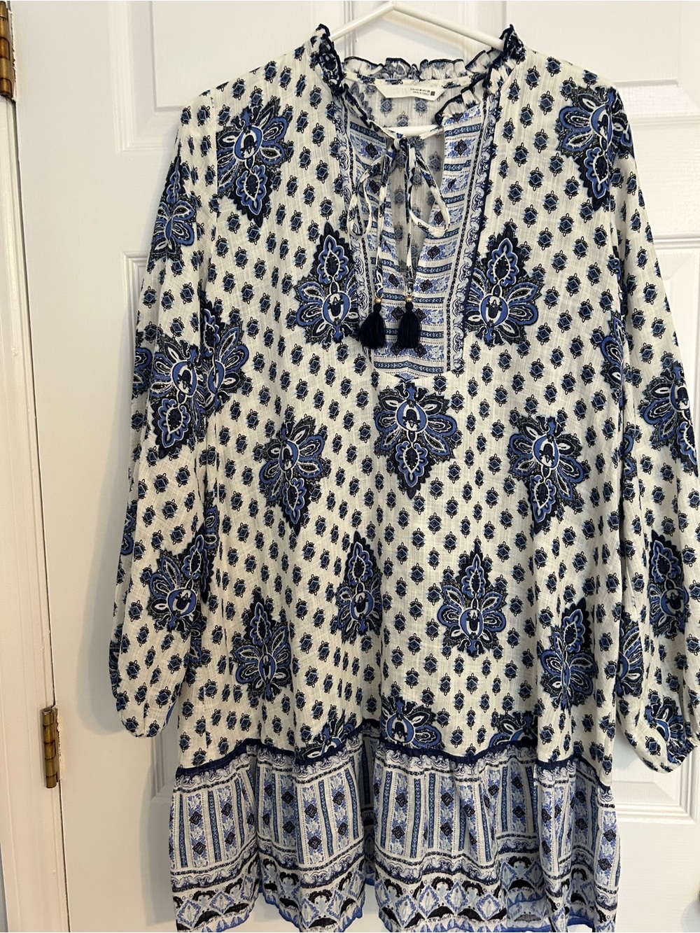 Zara Blue & White Floral Peasant Tunic with Tassel Tie Sz M - Picture 2 of 5
